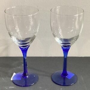 Set Of 2 Libbey Domaine Cobalt Blue Flower Stem Water Wine Glasses